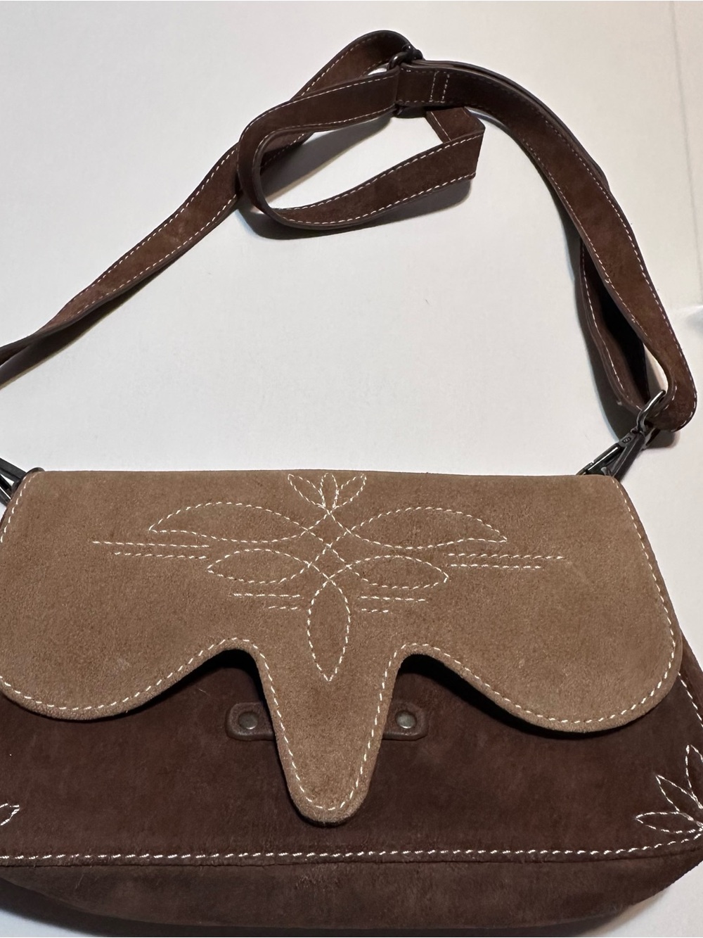 Idyllwind Brown Two-Tone Suede Floral Stitch Crossbody Bag